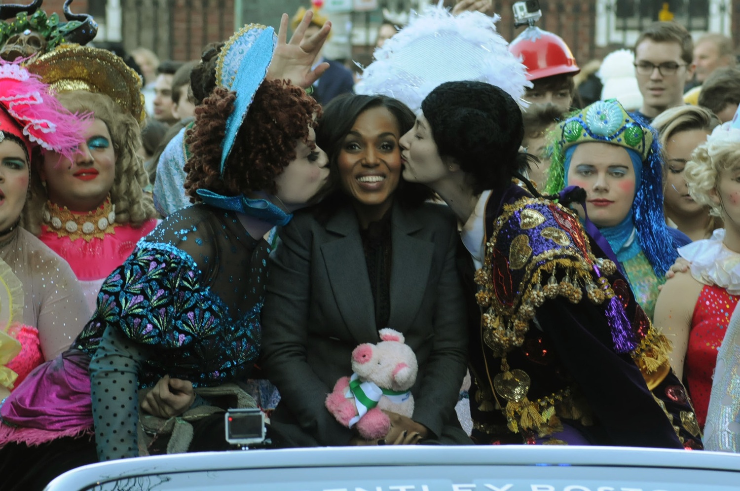 Kerry Washington is paraded down Mass Ave with Hasty Pudding members, as part of the ceremonies for her 2016 Woman of the Year Award.