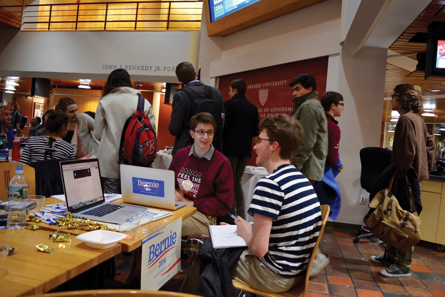 Students gather at John F. Kennedy Jr. Forum to watch the results come in for the Iowa caucuses, the first election of the presidential election year. Admission was only given to Harvard student ID holders.