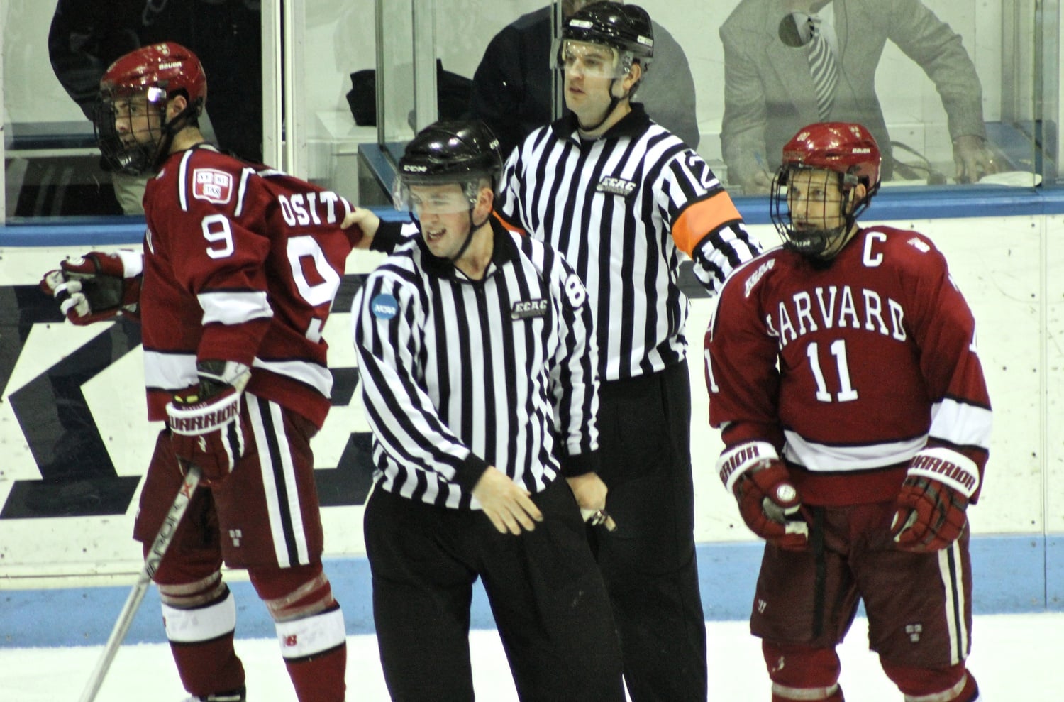 Luke Esposito (9) and Kyle Criscuolo (11) emerge from the scrum that ensued after the final whistle of Yale's 2-1 win at the Whale on Saturday.