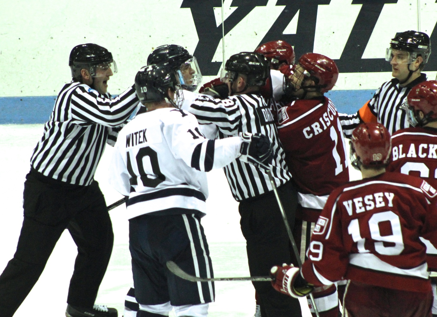 Co-captain Kyle Criscuolo jawed with Bulldog senior Stu Wilson after the final whistle of Yale's 2-1 win.
