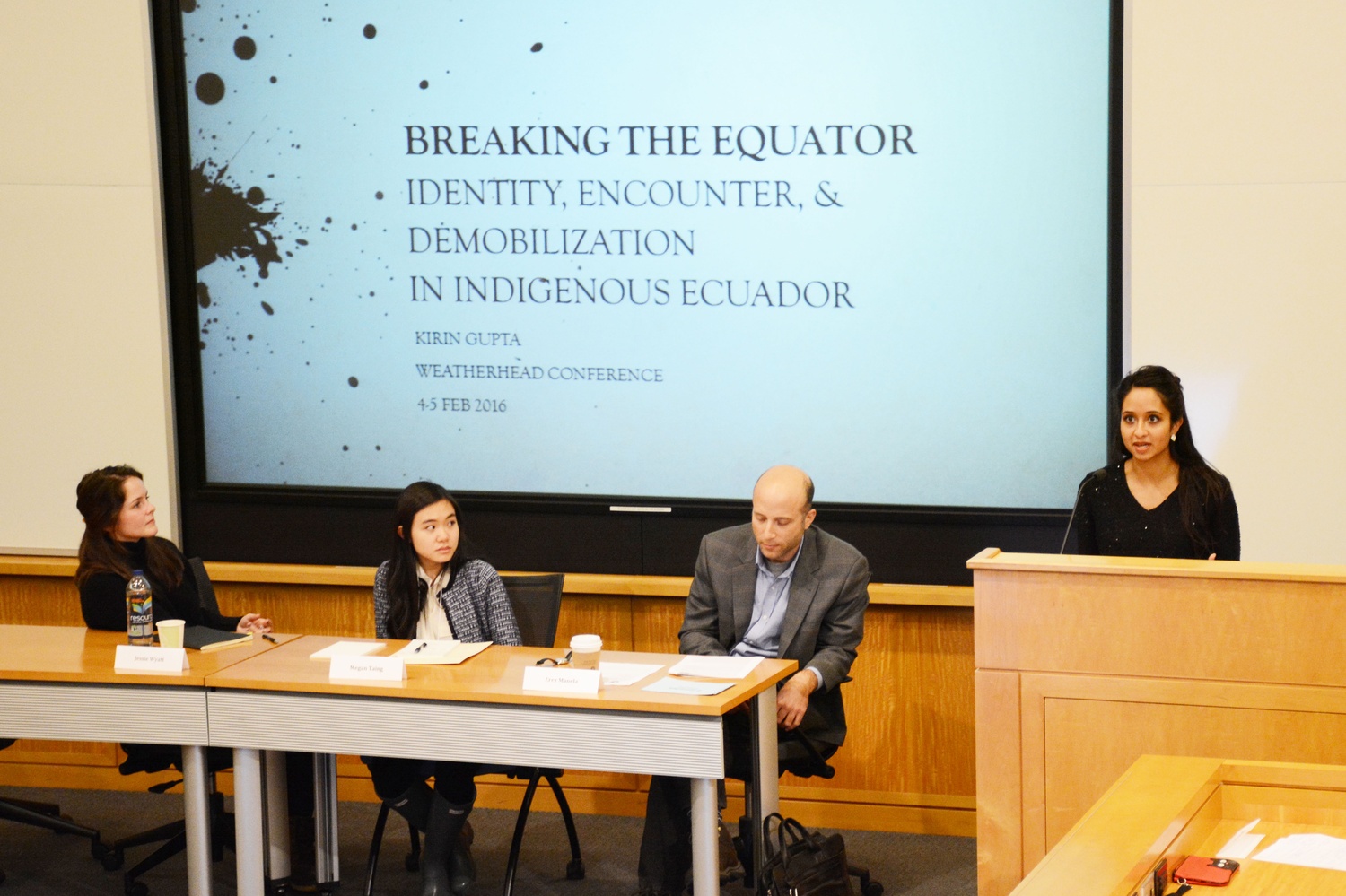 Kirin Gupta '16, a senior in Winthrop House, discusses her thesis on the gendered treatment of indigenous groups in Ecuador with Jessie M. Wyatt '16, Megan H. Taing '16, and chair Erez Manela. This panel took place at The Weatherhead Center for International Affairs' Undergraduate Associate Thesis Conference on Friday.
