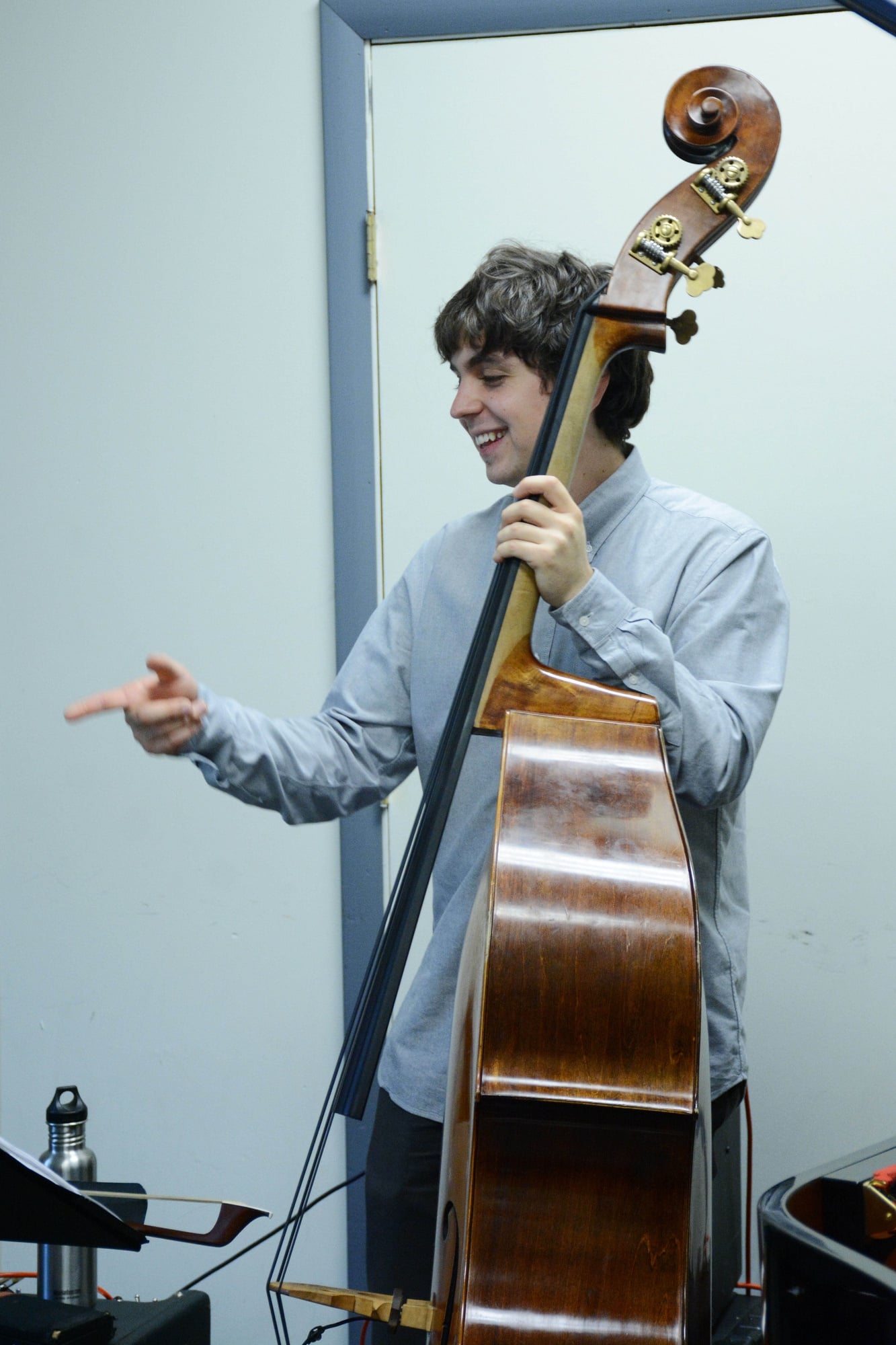 Bassist Simón Willson rehearses with Great on Paper at the New England Conservatory of Music on Tuesday, February 2. 