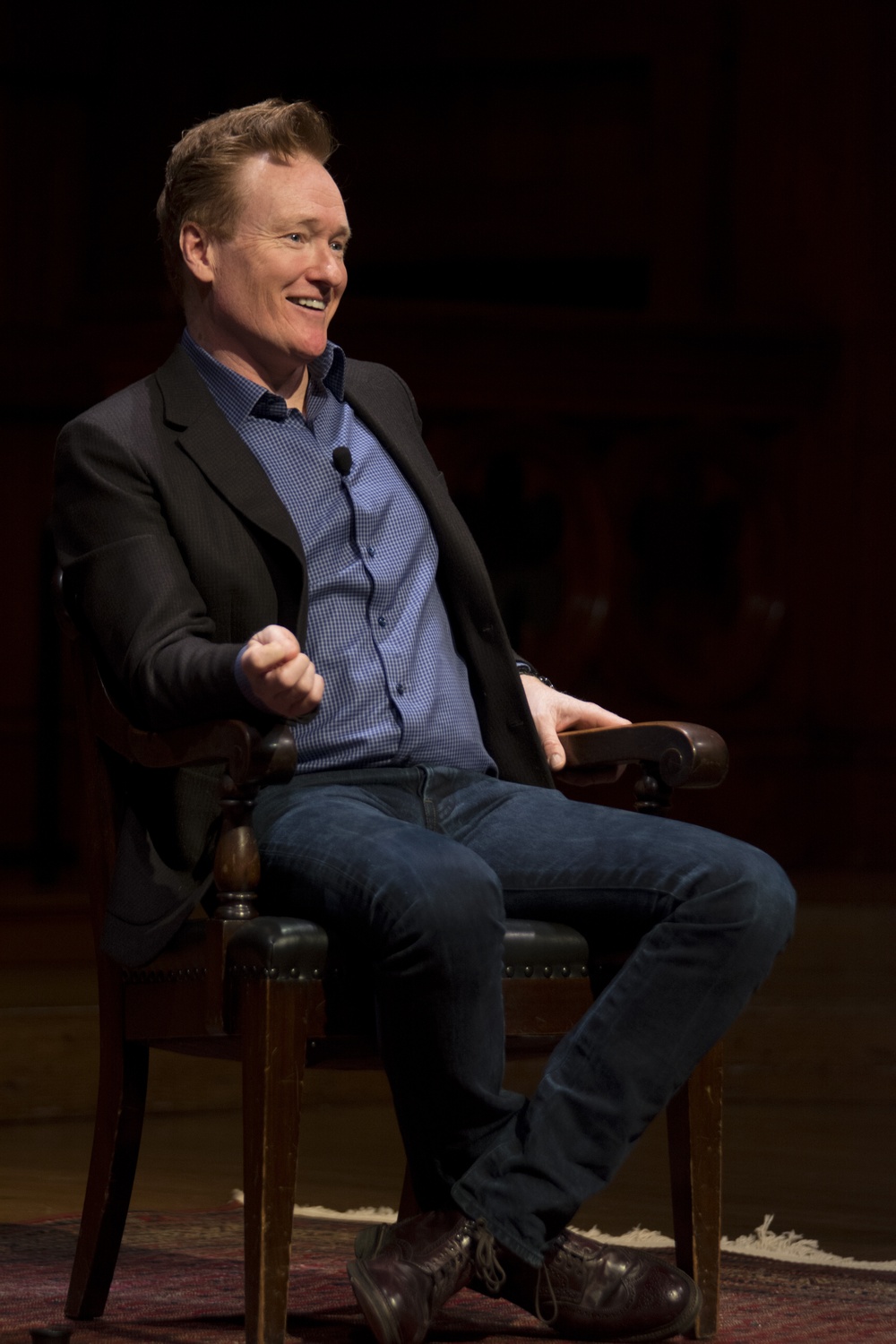 Conan O’Brien ‘85 spoke with University President Drew G. Faust on Friday in Sanders Theatre, discussing the value of a liberal arts education and his experiences at Harvard. 