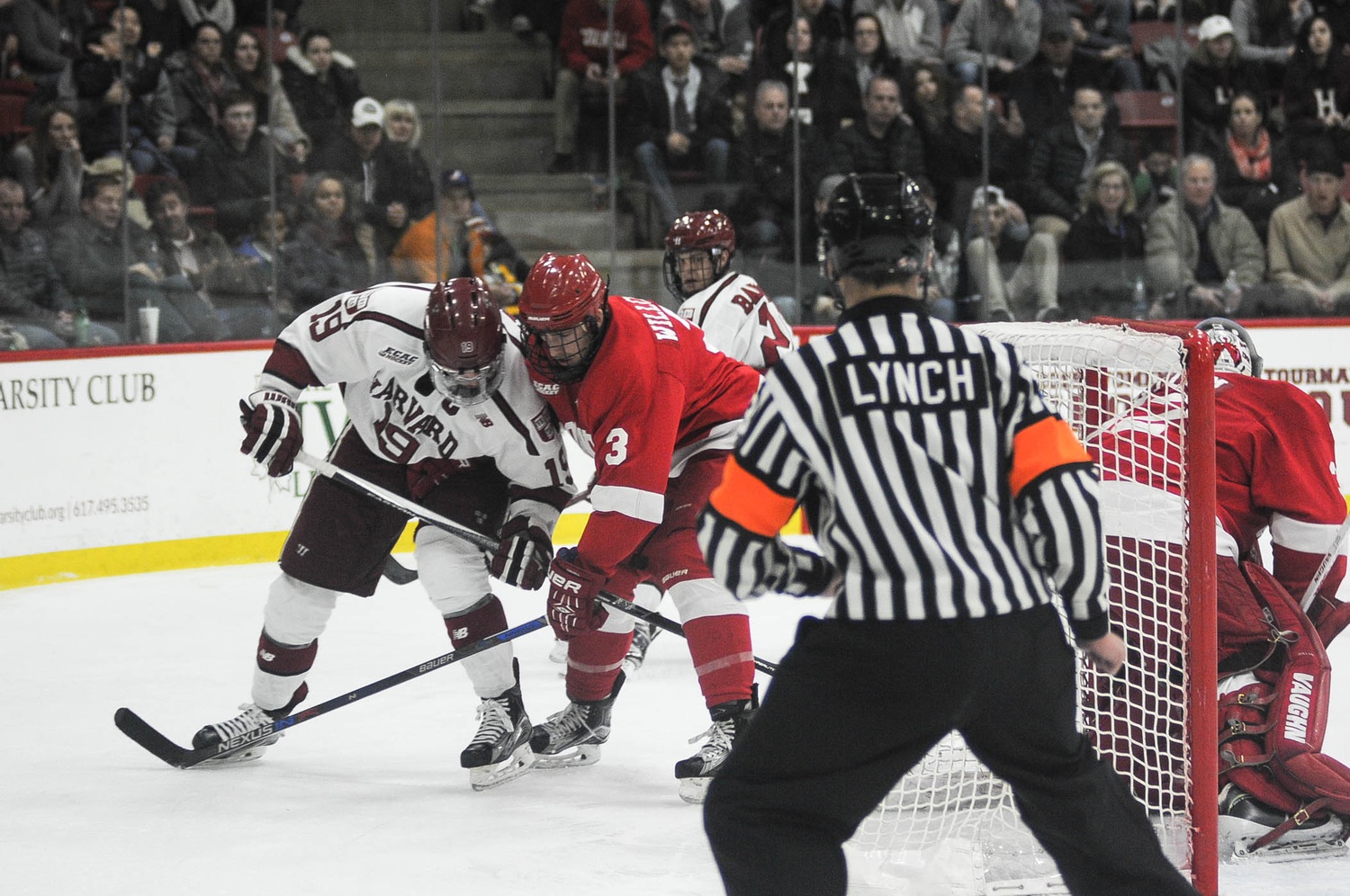 Cornell coach Mike Schafer was not happy with referee Cameron Lynch after the game for the role he played in Harvard's first goal.