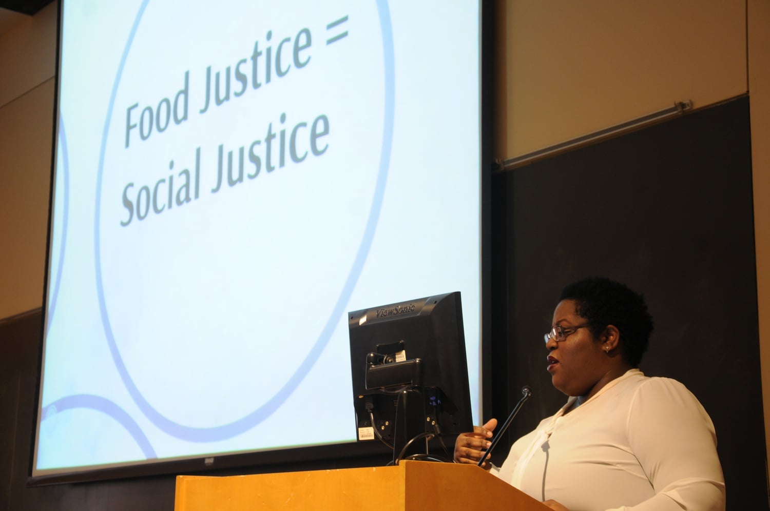 Therese Nelson, founder of Black Culinary History, speaks to attendees of a soul food brunch in the Fong Auditorium on Sunday. The brunch was the concluding event in the Kuumba Singers' Black Arts Festival.