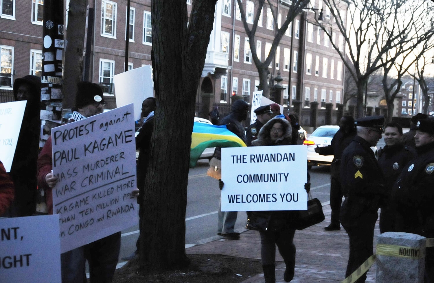 Protesters demonstrate at a speech by Rwandan President Paul Kagame at the IOP on Friday. The protesters’ chants included “Kagame is a killer” and ”murderer,” as the president spoke about Rwandan development and a referendum that could extend his term until 2034.