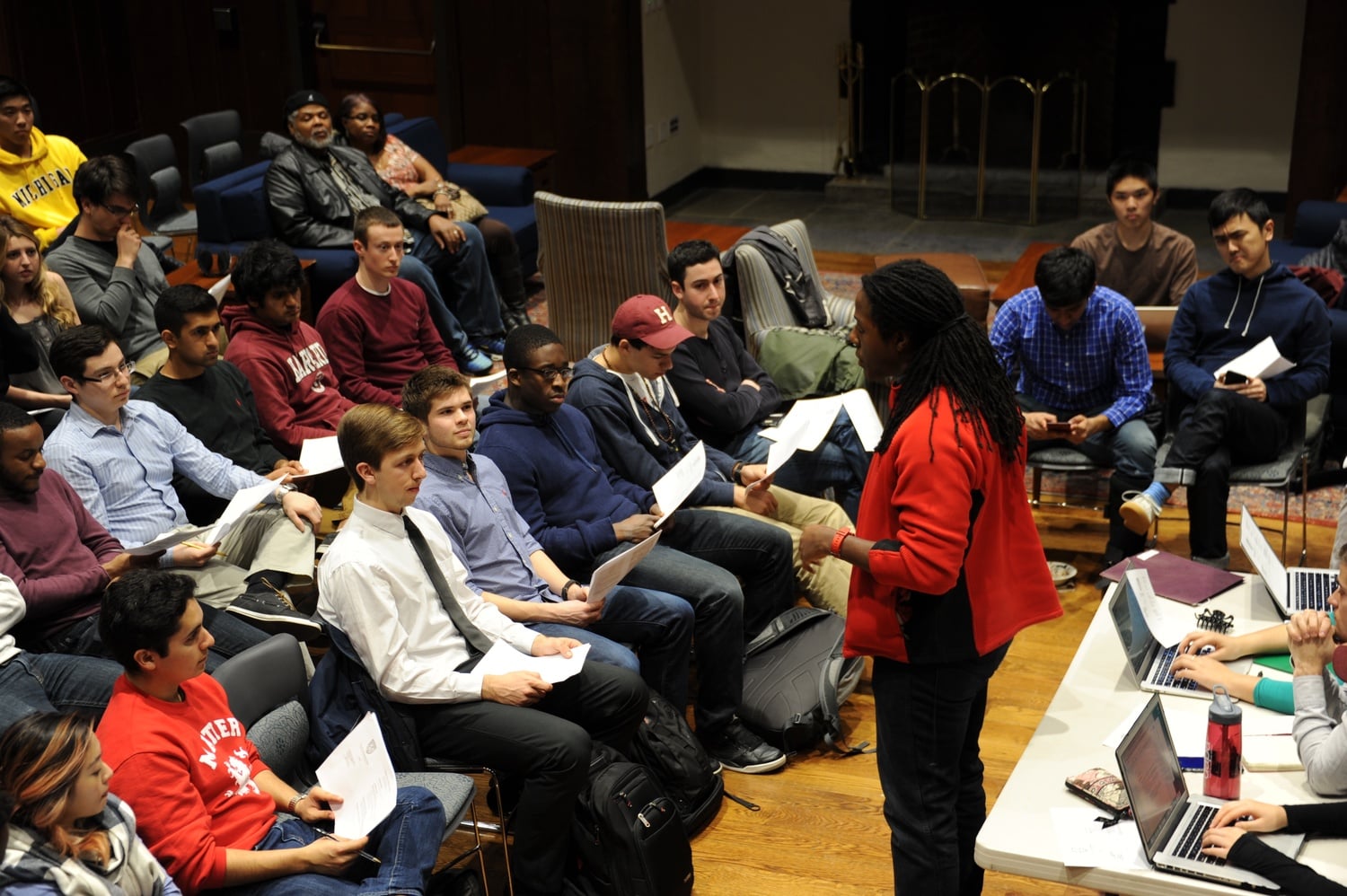 Finance Committee Chair William A. Greenlaw '17 speaks about the theater performance grant cap at the UC meeting. Many campus theater group members, upset that the UC had capped theater performance grants at $16,500 per semester, attended the meeting Sunday evening in the Leverett Library Theater. 