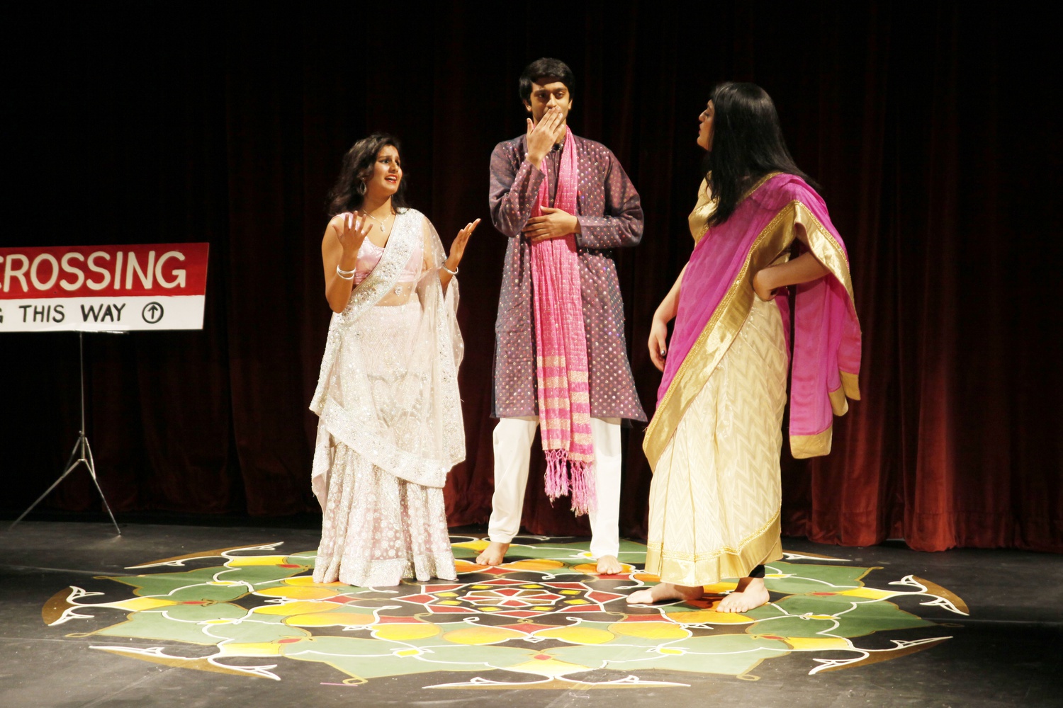 Preeti Srinivasan ’16, Shaiba Rather ’17, and Hirsh Jain ’17 perform in the skit portion of Ghungroo, which focused upon themes of mental health and its surrounding stigmas, particularly in the South Asian community.  