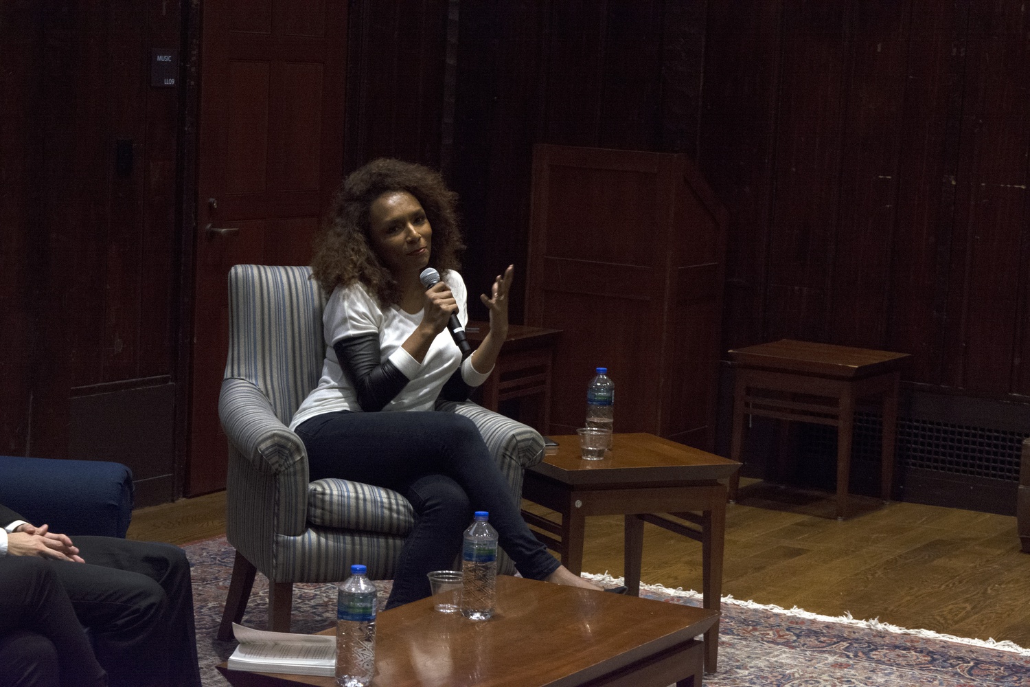 Trans women’s rights advocate, Janet Mock, leads a discussion on Friday night in Leverett’s Library Theater. 
