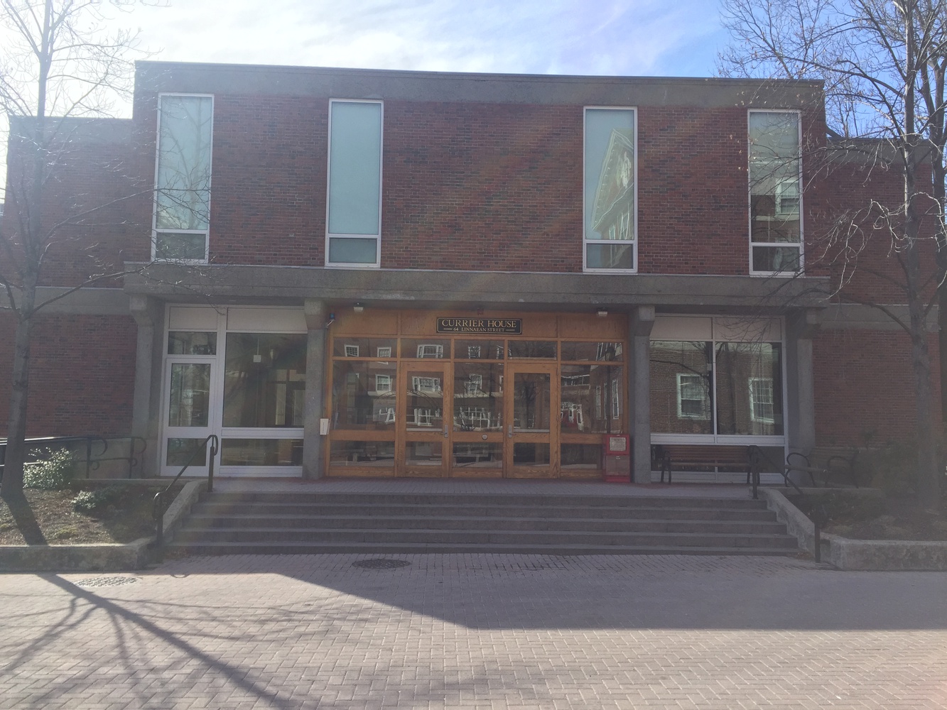 View of Currier House from the shuttle stop