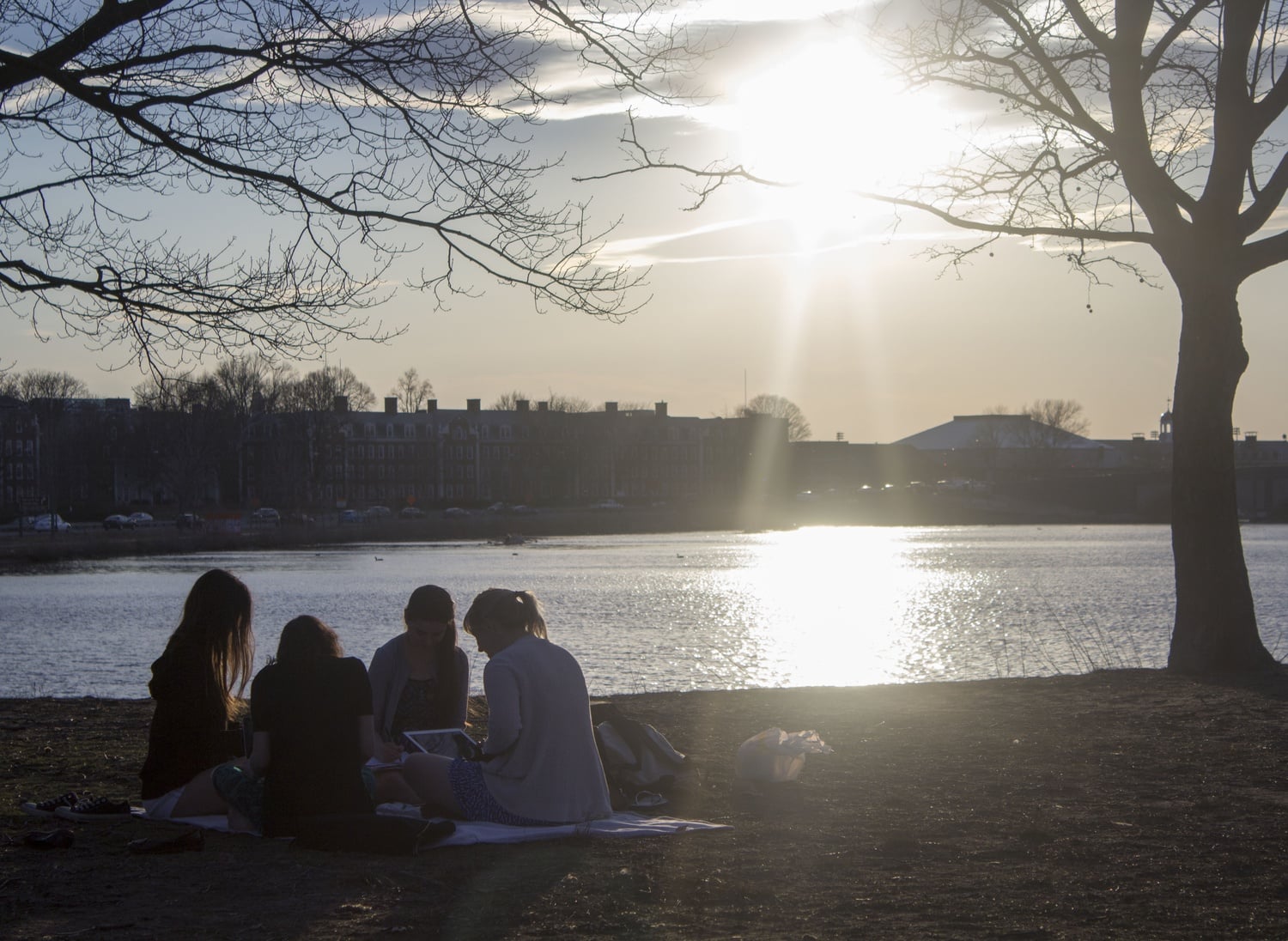 Students enjoy an evening of nice weather by the Charles River