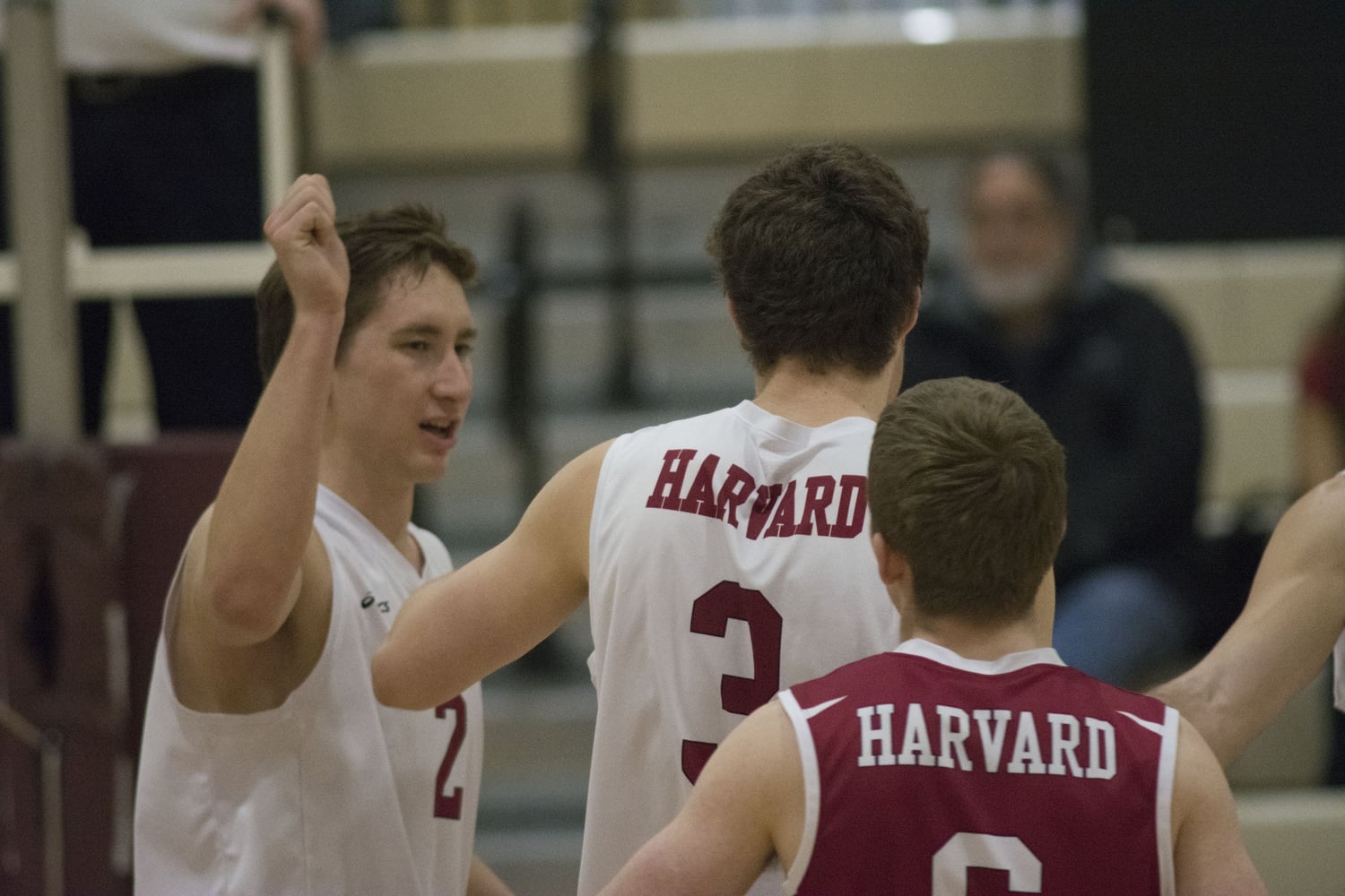 Harvard teammates point to sophomore setter Marko Kostich, shown here on the left, as an especially vocal member of the team.