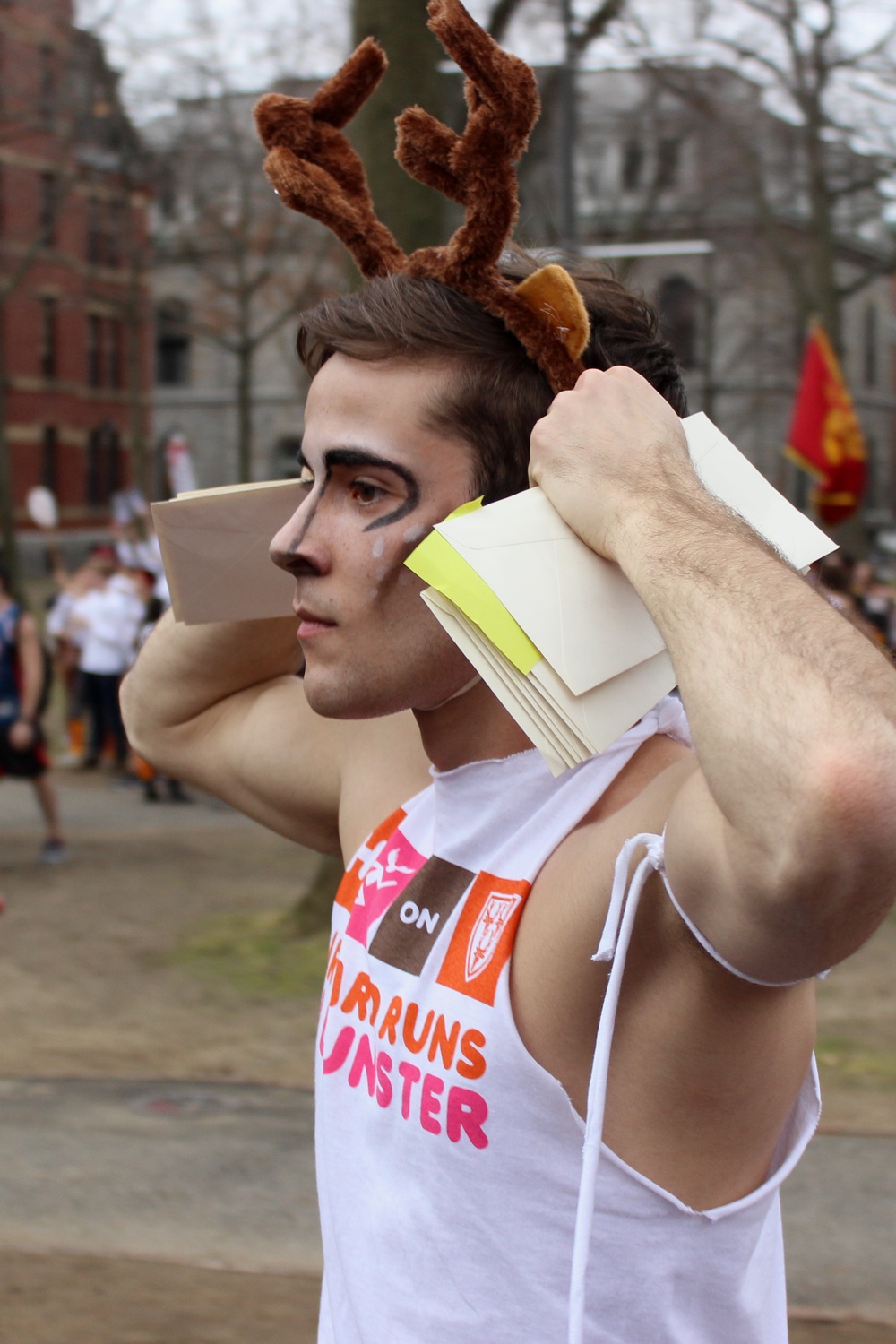 UC Vice President and member of Dunster House Danny V. Banks '17 adjusts his "antlers" following the release of the housing letters.