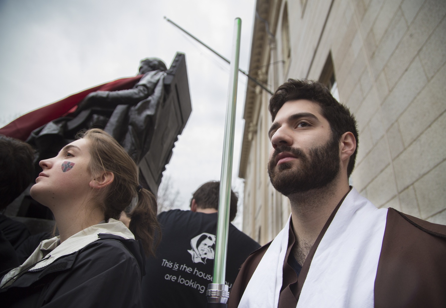 Michael C. Rose ’17 dressed as a jedi for Housing Day. Students in  Kirkland, famous for their house spirit, staked out the John Harvard statue in the middle of the night, according to Rose. 