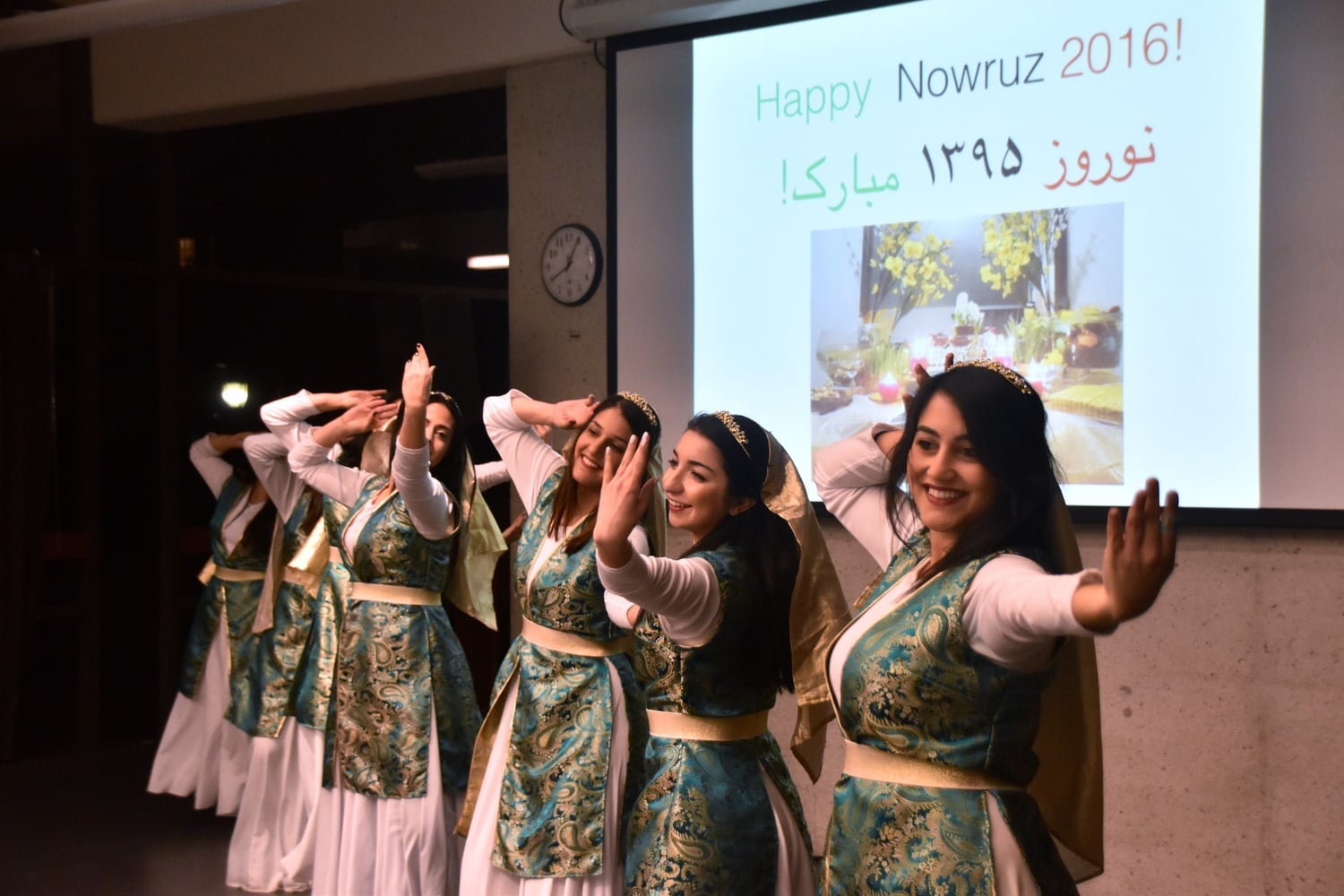 Members of the Aftab Dance Group, a traditional Persian dance troupe based in Boston, perform during the Nowruz celebration in the SOCH on Thursday evening. The event was hosted by the Harvard Iranian Student Association.