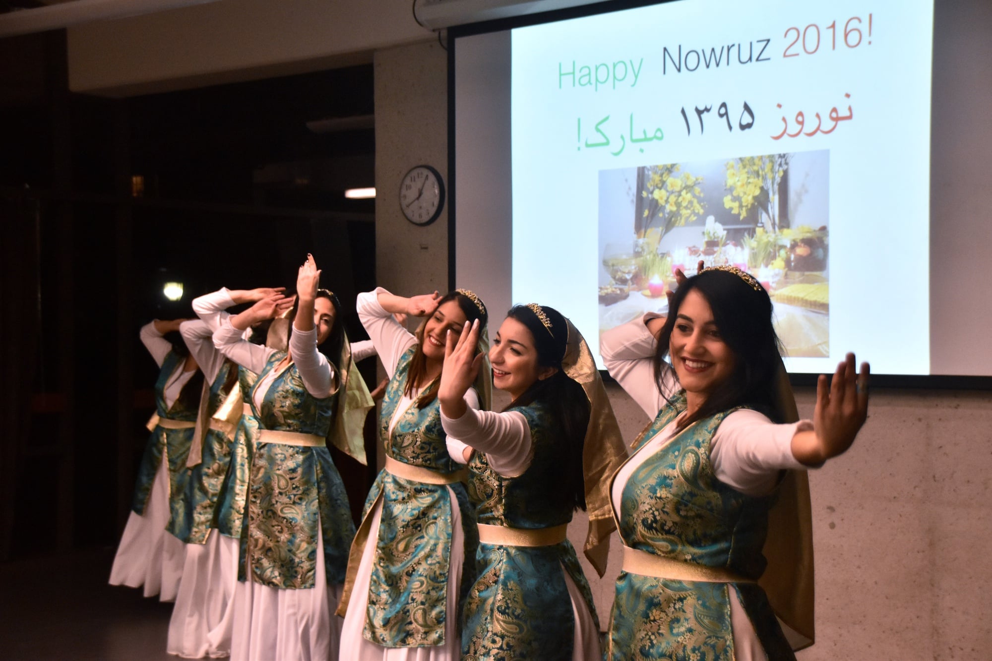 Members of the Aftab Dance Group, a traditional Persian dance troupe based in Boston, perform during the Nowruz celebration in the SOCH on Thursday evening. The event was hosted by the Harvard Iranian Student Association.