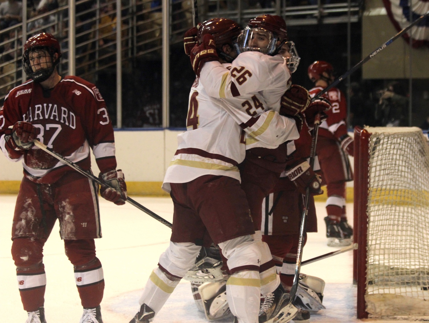 BC junior Austin Cangelosi (26) celebrates with sophomore Zach Sanford after Cangelosi scored what proved to be the game-winning goal on the Eagles' only power play.