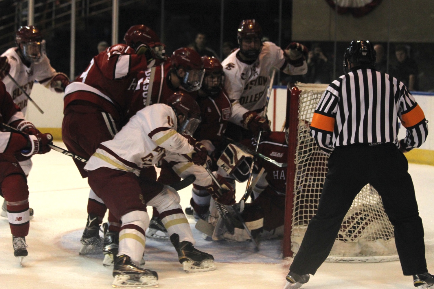 Merrick Madsen wound up in his net on BC's first score after first being bumped by the goal-scorer, Alex Tuch.