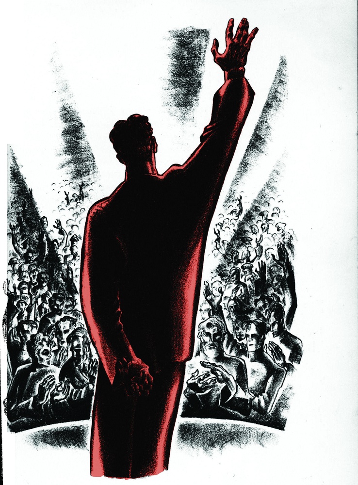 Reed speaks to several supporters. In "One of Us: The Story of John Reed in Lithographs."