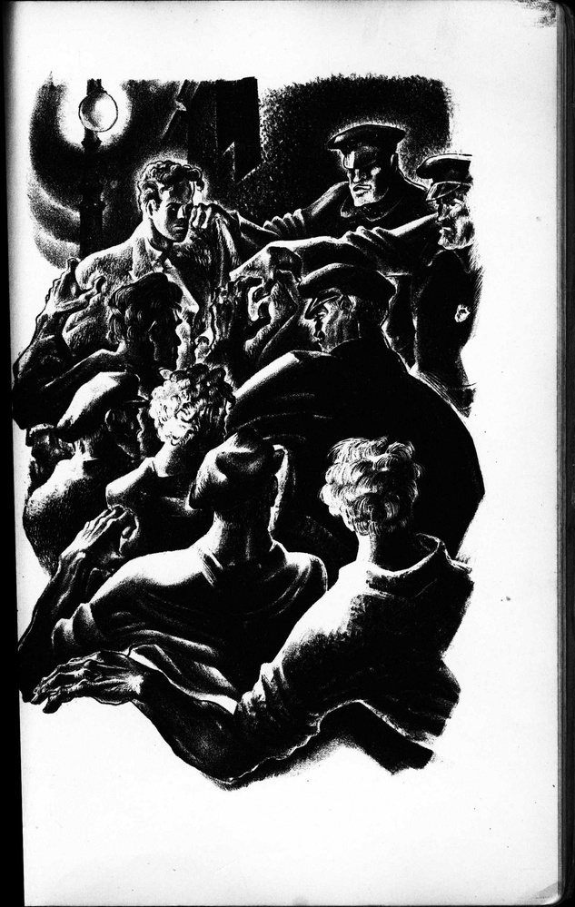 John Reed is seized by policemen. "One of Us: The Story of John Reed in Lithographs. Lithographs by Lynd Ward" published by Equinox Press Inc., Pusey Library, Harvard University.