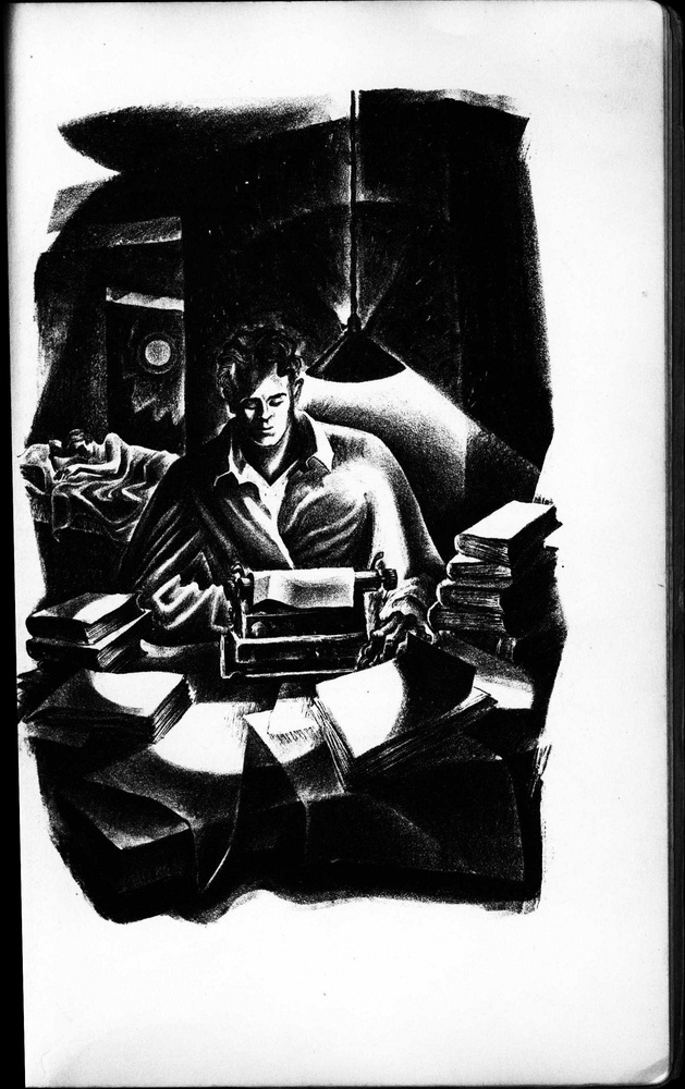 John Reed works in his study. In "One of Us: The Story of John Reed in Lithographs. Lithographs by Lynd Ward" published by Equinox Press Inc., Pusey Library, Harvard Unviersity., Pusey Library, Harvard University.