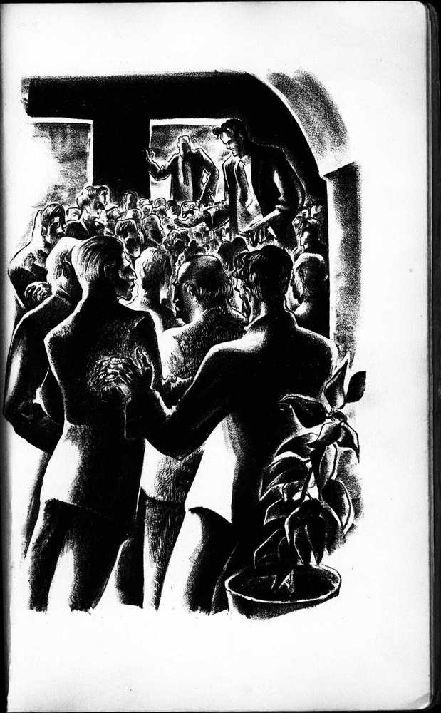 John Reed speaks to a crowd. In "One of Us: The Story of John Reed in Lithographs. Lithographs by Lynd Ward" published by Equinox Press Inc., Pusey Library, Harvard University.