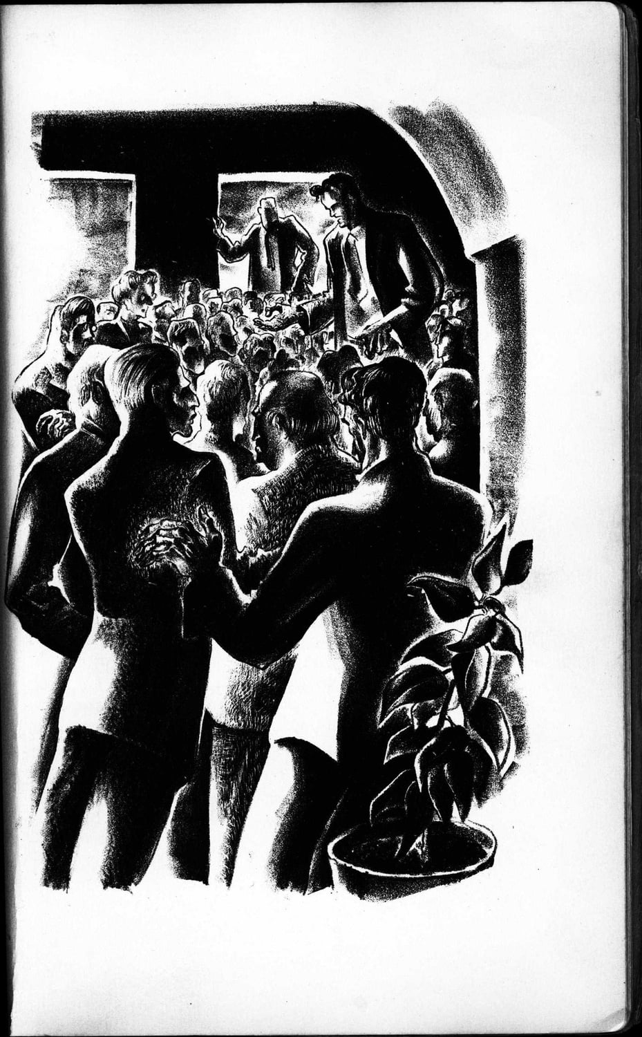 John Reed speaks to a crowd. In "One of Us: The Story of John Reed in Lithographs. Lithographs by Lynd Ward" published by Equinox Press Inc., Pusey Library, Harvard University.