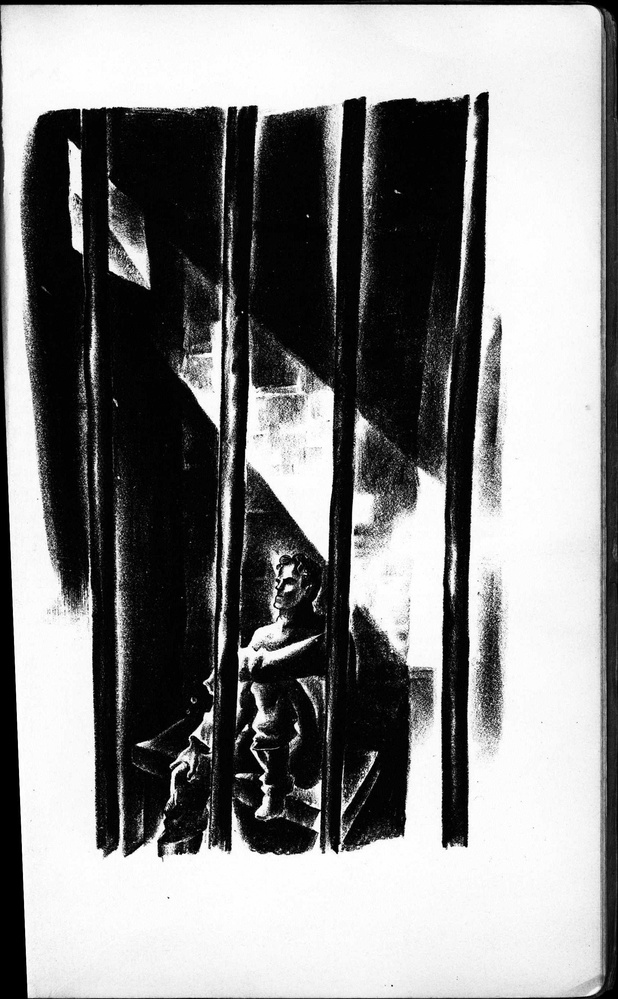 John Reed sits in a prison cell. In "One of Us: The Story of John Reed in Lithographs. Lithographs by Lynd Ward" published by Equinox Press Inc., Pusey Library, Harvard University.
