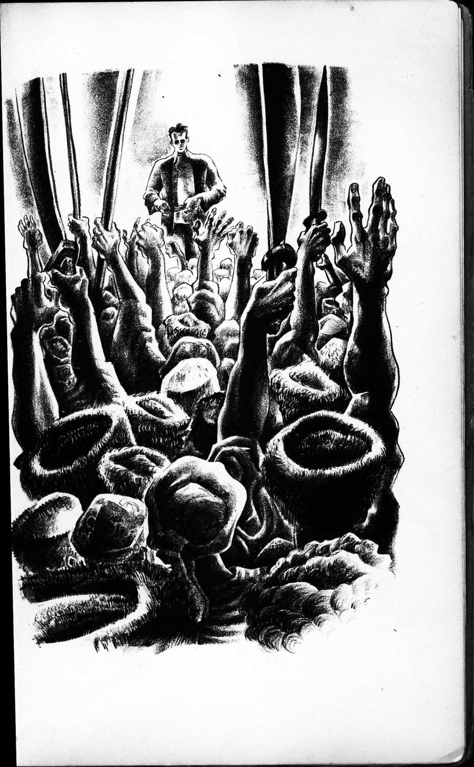 John Reed speaks to supporters. In "One of Us: The Story of John Reed in Lithographs. Lithographs by Lynd Ward" published by Equinox Press Inc., Pusey Library, Harvard University.