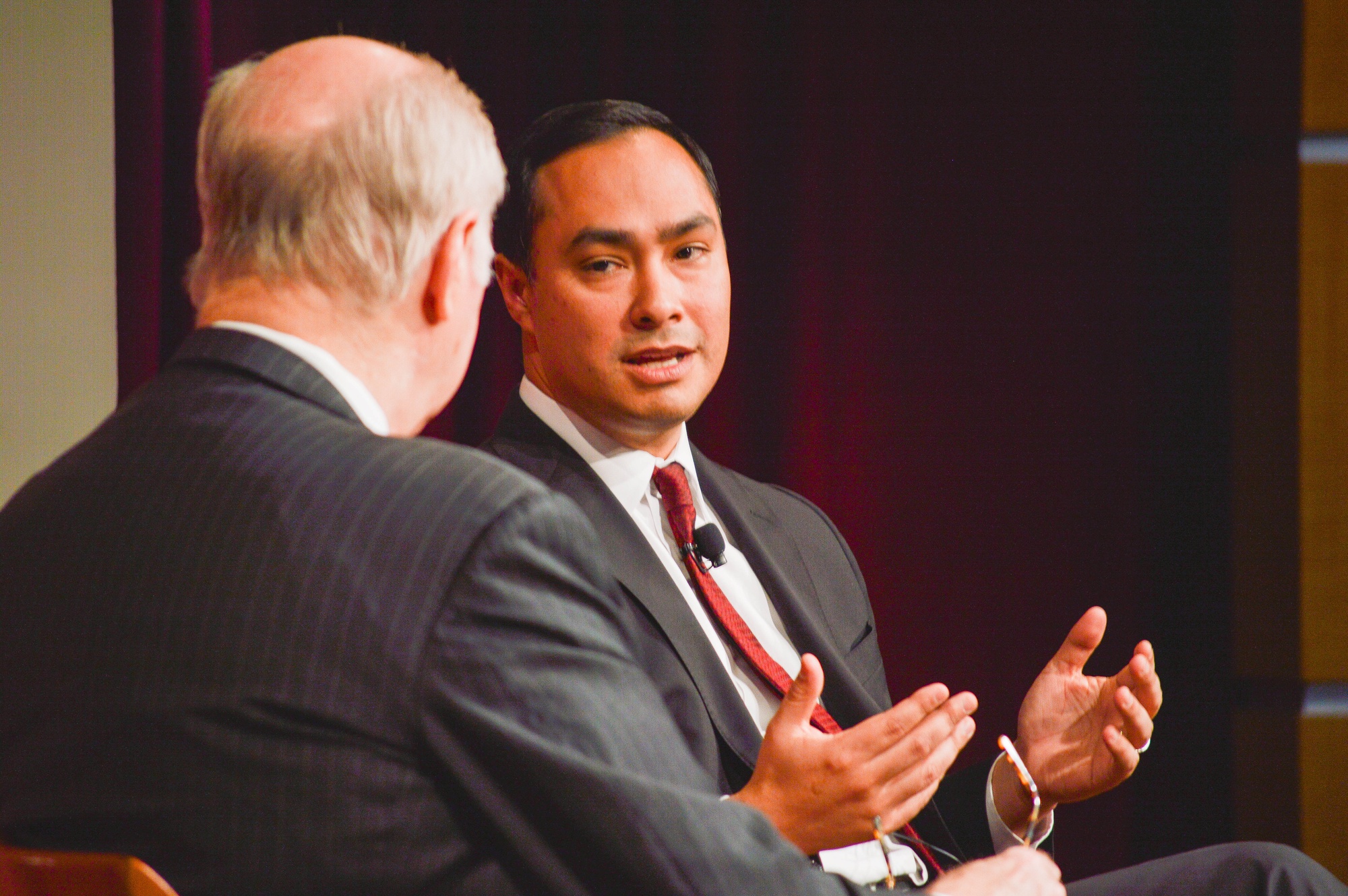 Texas Congressman Joaquín Castro speaks with Institute of Politics moderator David Gergen on Thursday evening, touching on a range of subjects including the national election and the current push for Latino civic participation.