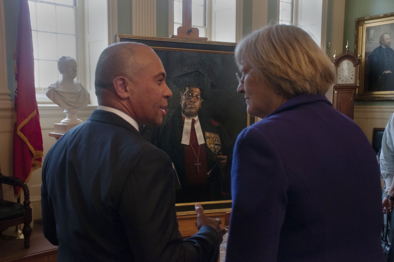 Former Massachusetts Governor Deval L. Patrick and Harvard President Drew G. Faust discuss the newly unveiled portrait of the late Rev. Peter Gomes. The two knew Gomes well, and spoke before the painting was revealed in April.