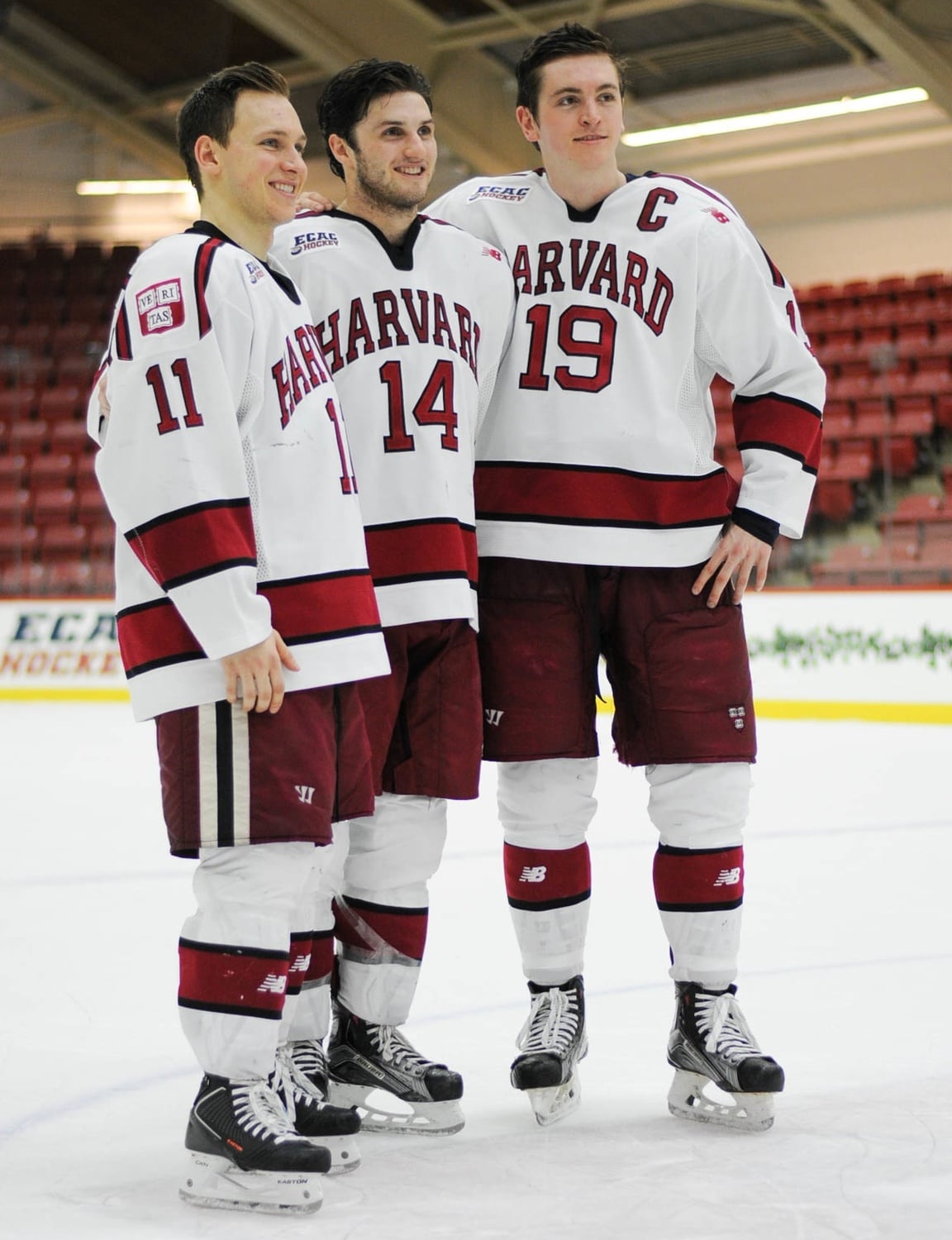 Jimmy Vesey (right) thanked his linemates Kyle Criscuolo (left) and Alexander Kerfoot (middle) after winning the Hobey Baker award on Friday.