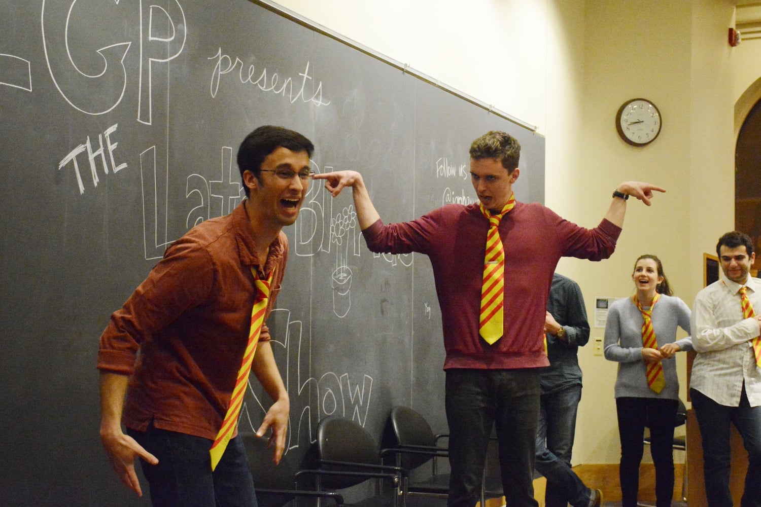 Aaron I. Henricks '16 and Mike A. Skerrett '18 perform in “IGP Presents: Late Bloomers, a Springtime Show” on March 25.  