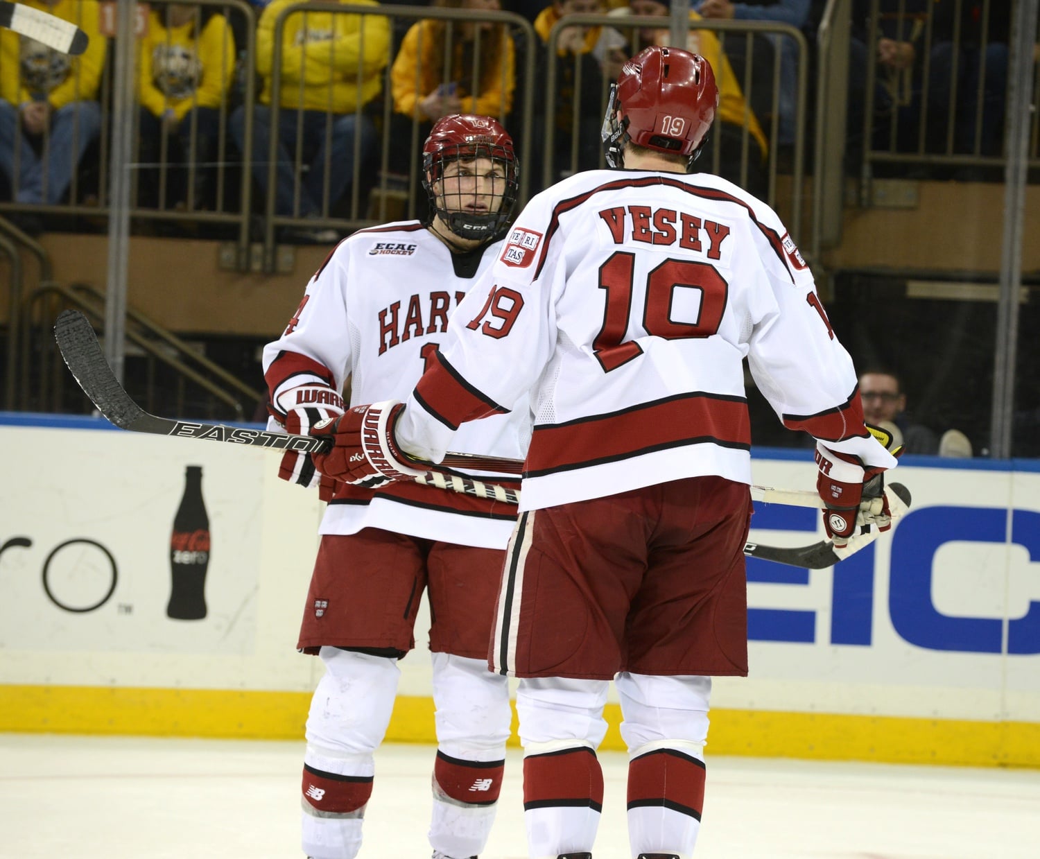 Alexander Kerfoot (left) and Devin Tringale will become Harvard's next two captains, filling the spots of Jimmy Vesey (right) and Kyle Criscuolo.