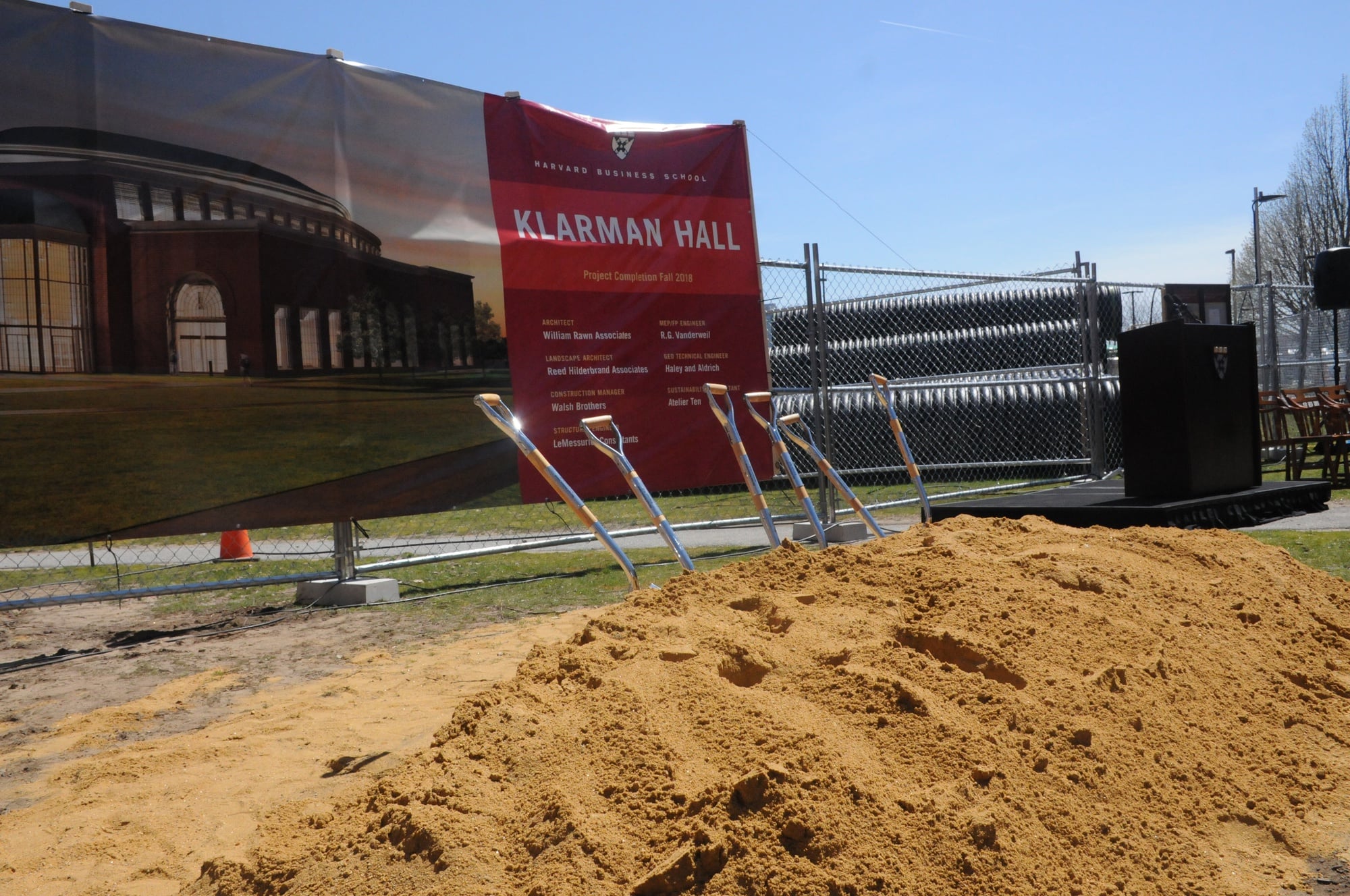 At Thursday’s groundbreaking ceremony, Harvard Business School members gather to celebrate the construction of Klarman Hall. The new structure is funded by a gift from Seth and Beth Klarman as part of the ongoing University-wide $6.5 billion capital campaign.