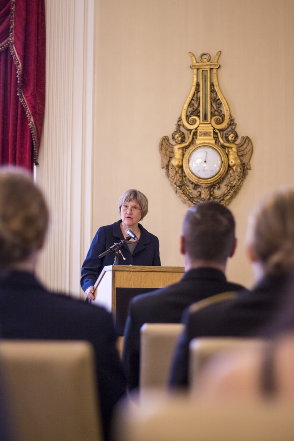 University President Drew G. Faust delivers a speech before signing an agreement for Harvard to officially recognize the Air Force Reserve Officer Training Corps.