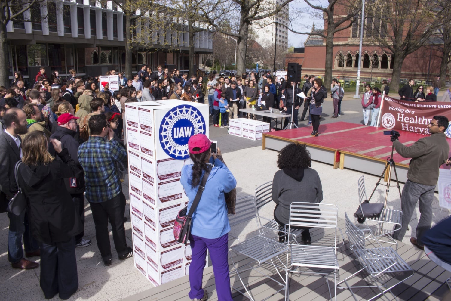 Graduate student union supporters gather in the Science Center Plaza in April for a “Union Block Party,” hosted by Harvard Graduate Students Union-UAW.