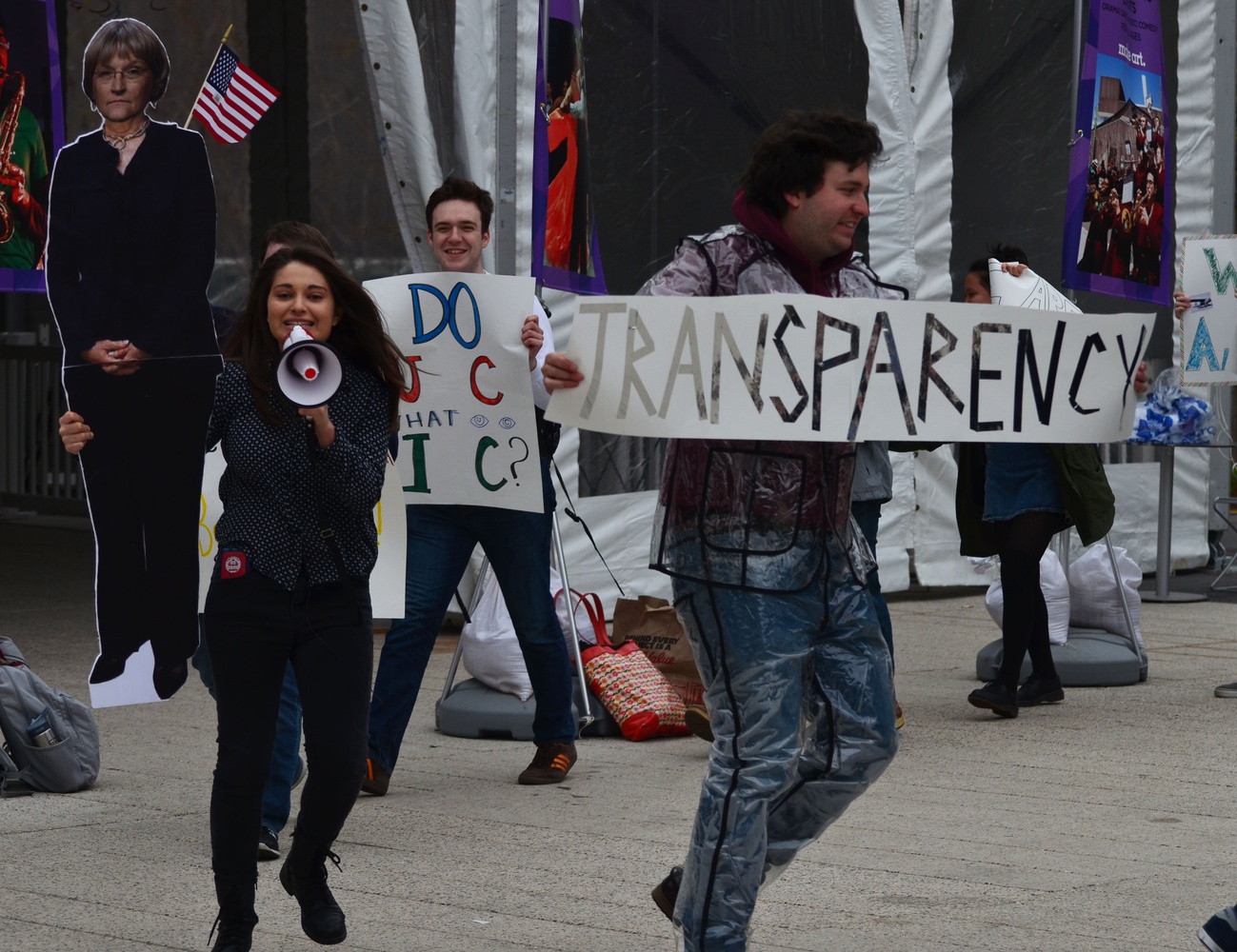 Members of Satire V and On Harvard Time stage a BYOB, or “bring your own berries,” protest of the Harvard Undergraduate Council. Members of the two comedy groups demanded transparency from the “berry-ocracy” and blamed the UC for the disappearance of Amelia Earhart.  