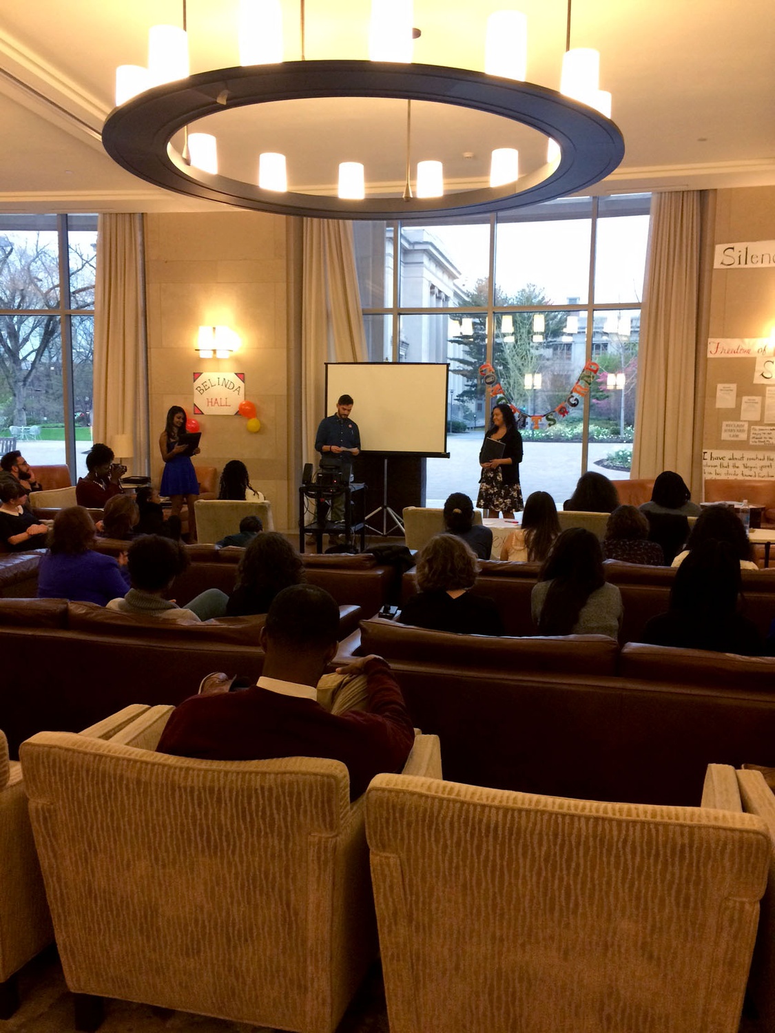 Students from Reclaim Harvard Law host an informal commencement ceremony to honor their graduating members on Tuesday evening in Caspersen Student Center, which they refer to as Belinda Hall.