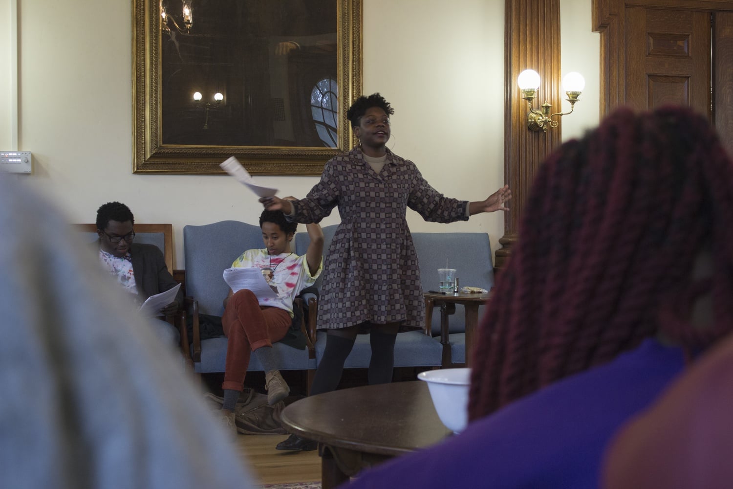 Abby D. Duker ‘18 lectures on the history of Harvard President Abbott Lawrence Lowell on Thursday afternoon at the Phillips Brooks House as a part of a teach-in. Titled “Reframing Harvard’s History,” the event received support from the Undergraduate Council and the Office for Equity, Diversity, and Inclusion.