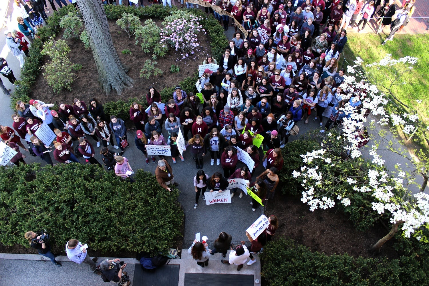 Scores of sorority and female final club members protest against Harvard's decision to sanction unrecognized single-gender organizations in May 2016.
