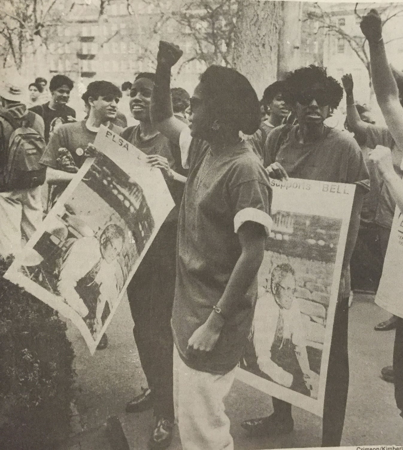 Law students protest outside of President Bok's office in April 1991. Over 300 Harvard Law School students participated in a class boycott, asking for increased faculty diversity. 