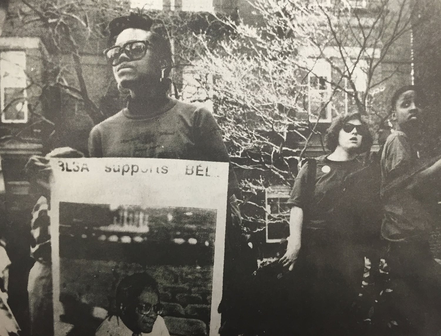 The Black Law Students Association, showing support for Professor Derrick Bell, rallied outside of President Bok's office in April 1991.