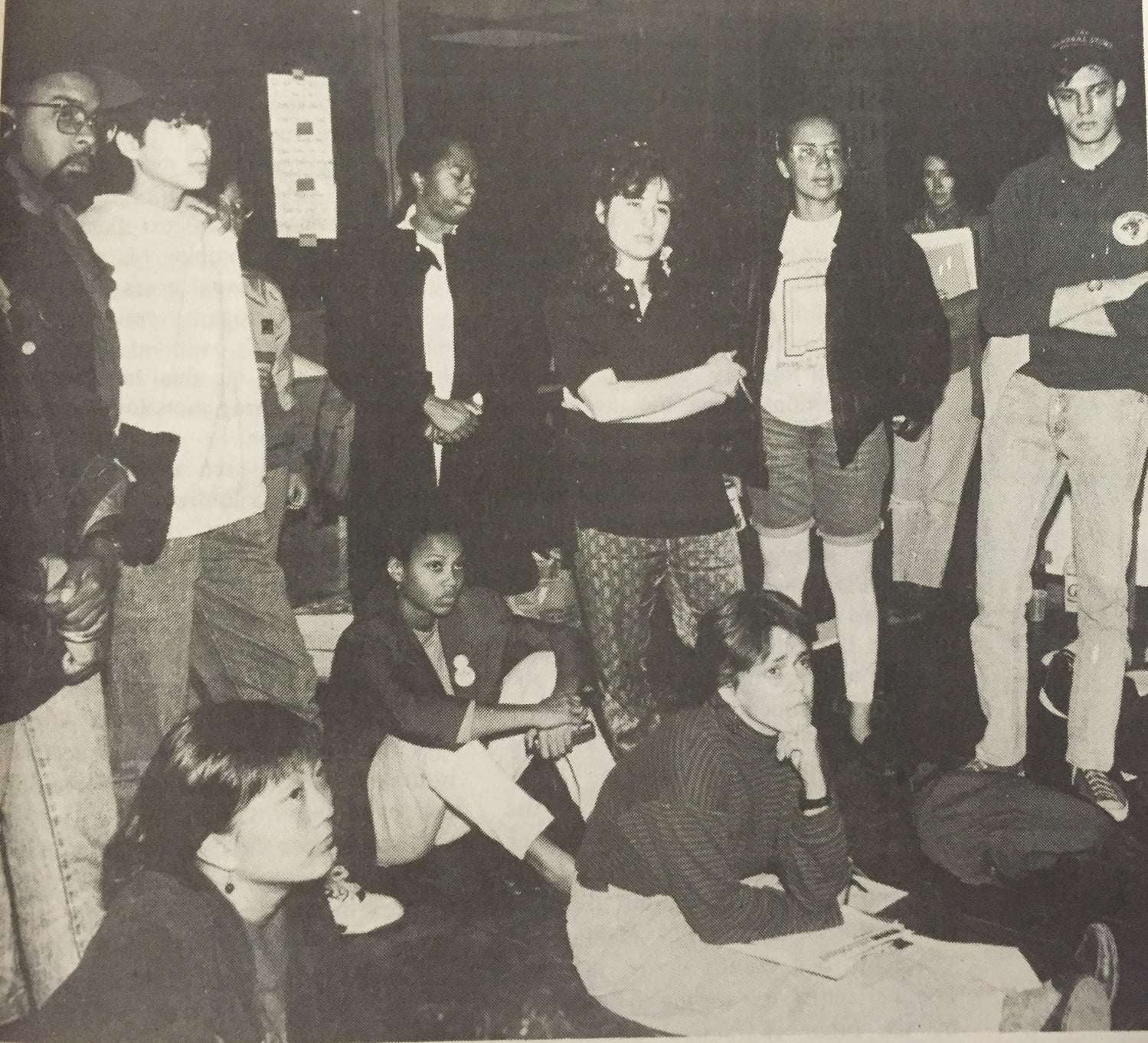 Harvard Law School students staging a sit-in in Griswold Hall hold a strategy meeting to decide what they will do if the police enter the building.