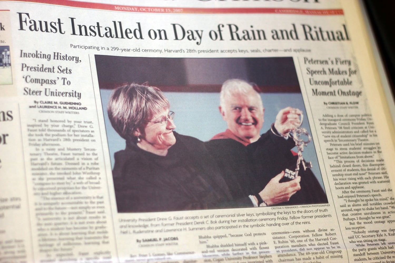 A 2007 Crimson article features President Faust’s inauguration day.