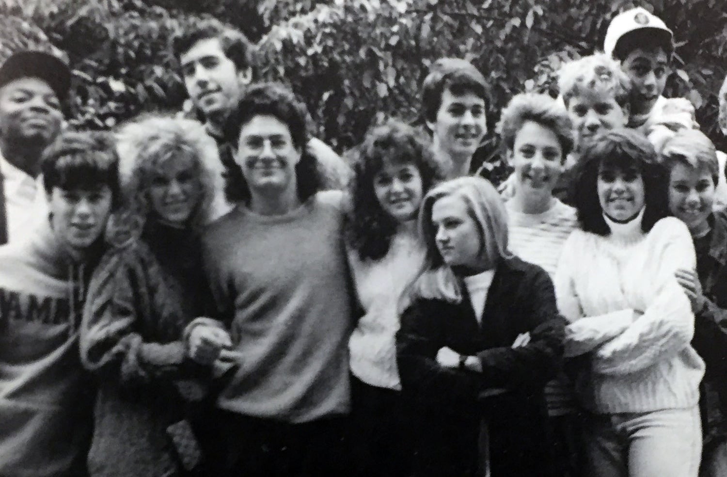 Sheryl Sandberg '91, pictured in center, stands with her entryway mates of Canaday E during the 1987-1988 academic year. 