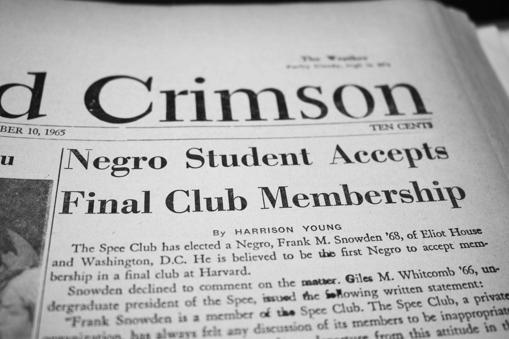 A headline from the December 10, 1965, issue when the Spee Club accepted its first black member.