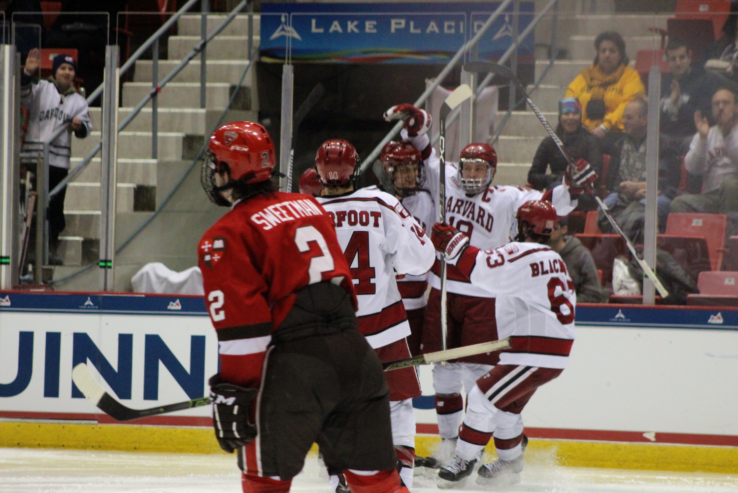 March 18: Vesey celebrates after opening the scoring in the ECAC Semifinals against St. Lawrence in Lake Placid. He also assisted on Kyle Criscuolo's overtime winner.