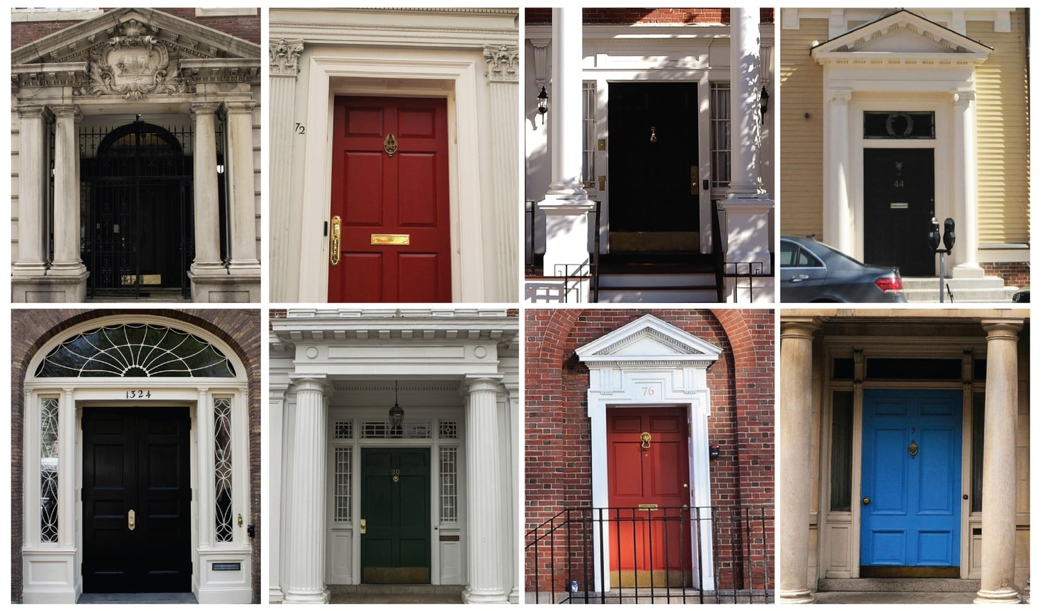 The doors to several different final clubs located around Harvard's campus.