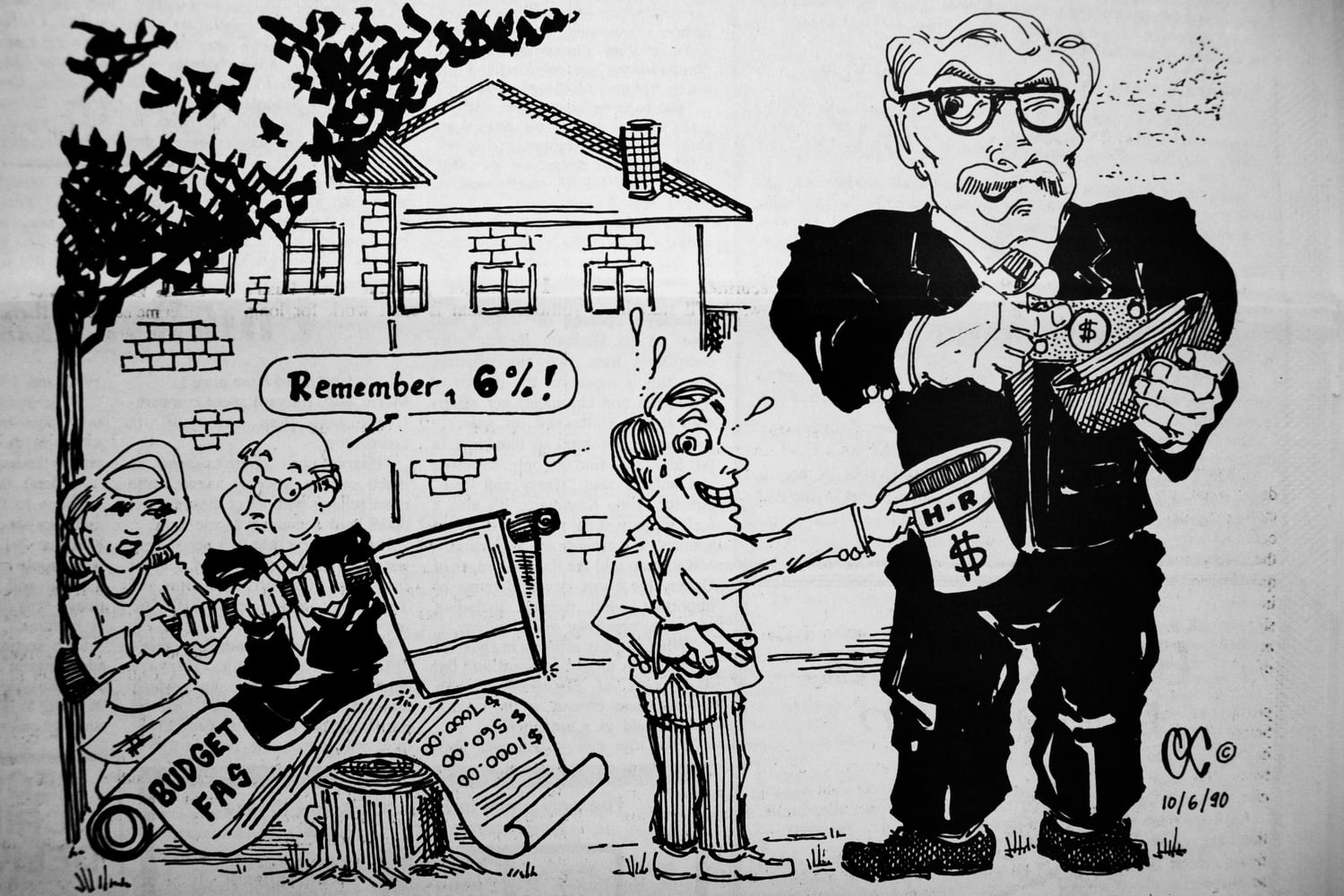 This cartoon appeared in the October 6, 1990 issue of The Crimson with the title: “University Falls Prey to Economic Malaise.”